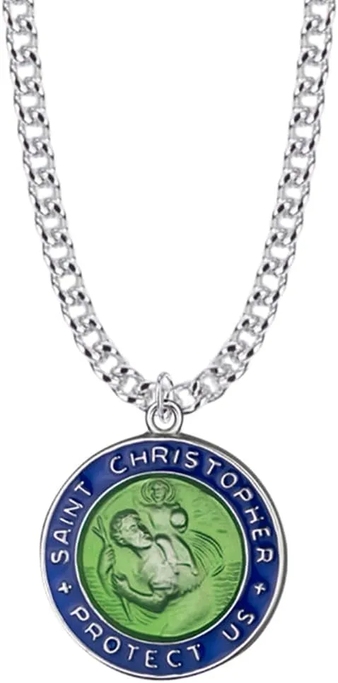 True Faith Jewelry Sterling Silver Saint Christopher Medal Patron Saint Pendant Necklace Blue and Green Enameled Religious Jewelry, 7/8 Inch
