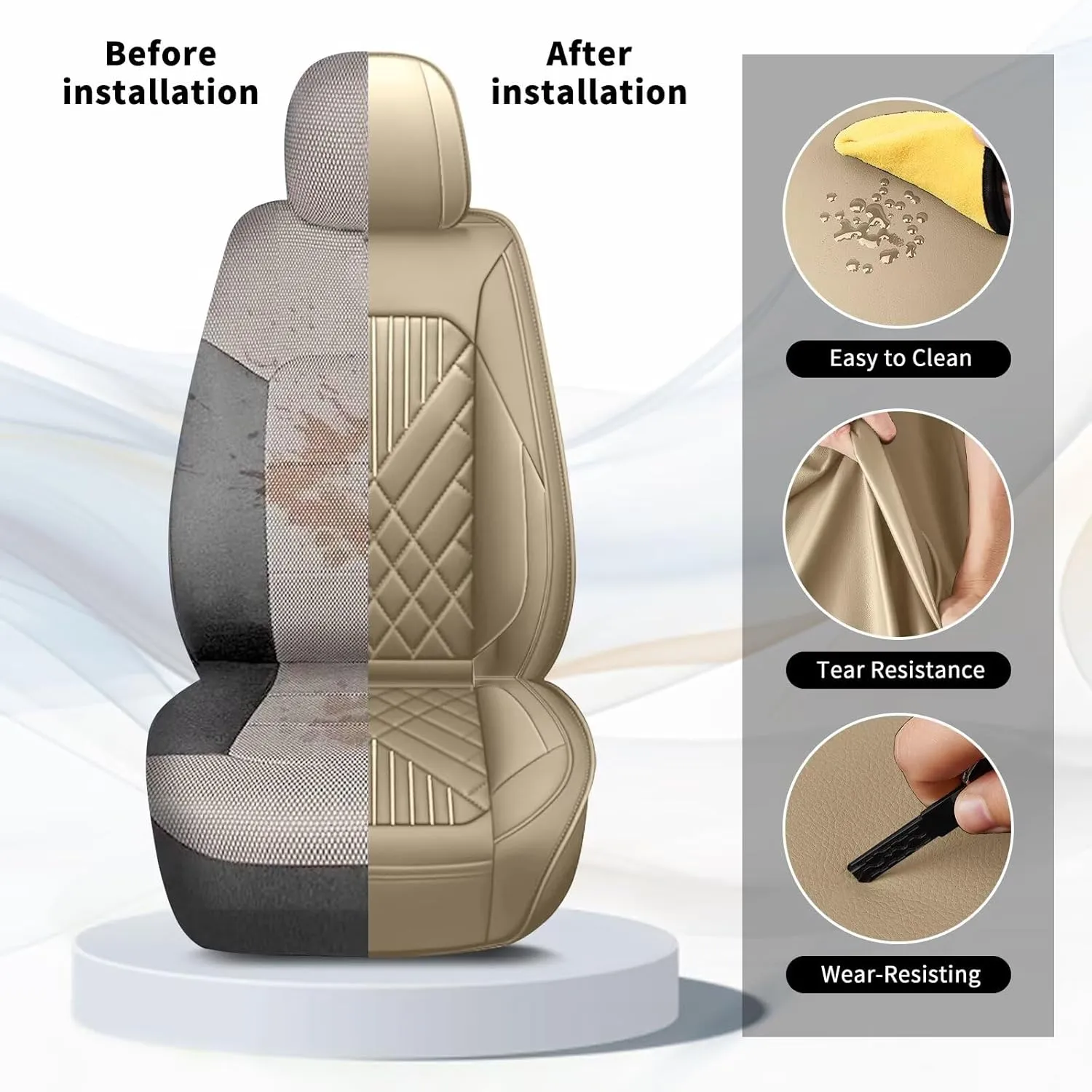 TTX LIGHTING Full Set Car Seat Covers Fit for Ford Taurus 2010-2019 Waterproof Faux Leather Automotive Seat Protectors Cushion with Airbag Compatible(5 Seat,Beige)