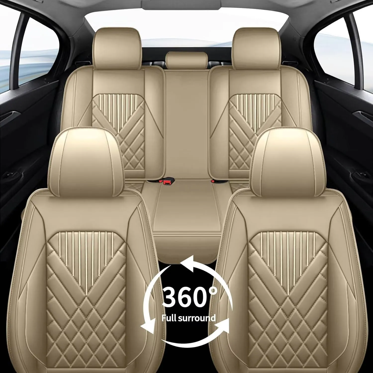 TTX LIGHTING Full Set Car Seat Covers Fit for Ford Taurus 2010-2019 Waterproof Faux Leather Automotive Seat Protectors Cushion with Airbag Compatible(5 Seat,Beige)