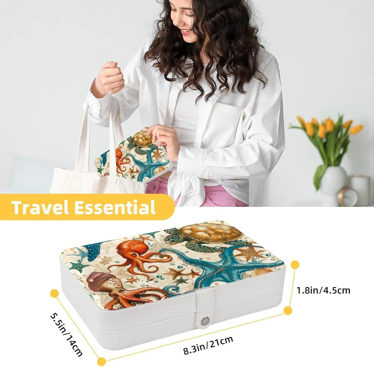 Turtle Octopus Seahorse Coral Sea Star Conch Fish Travel Jewelry Box, Portable Travel Display Case Storage Holder Boxes for Stud Earrings, Rings, Necklaces, Bracelets
