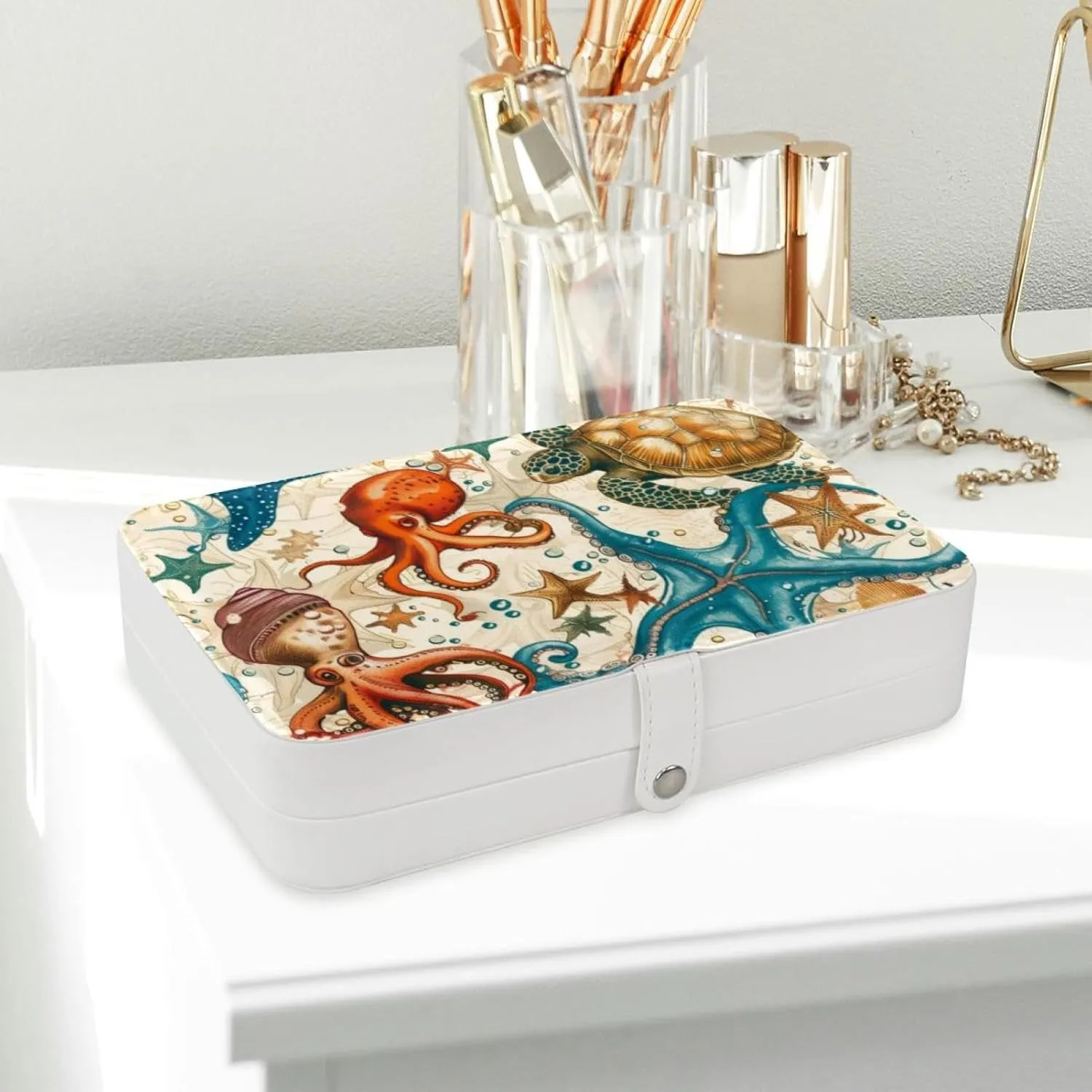 Turtle Octopus Seahorse Coral Sea Star Conch Fish Travel Jewelry Box, Portable Travel Display Case Storage Holder Boxes for Stud Earrings, Rings, Necklaces, Bracelets