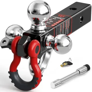 TYT Tri Ball Hitch Trailer Mount With Locks, Tow Hook & Clevis Shackle, Fits 2 Inch Receiver With 2-5/16", 2", 1-7/8" Ball, Black