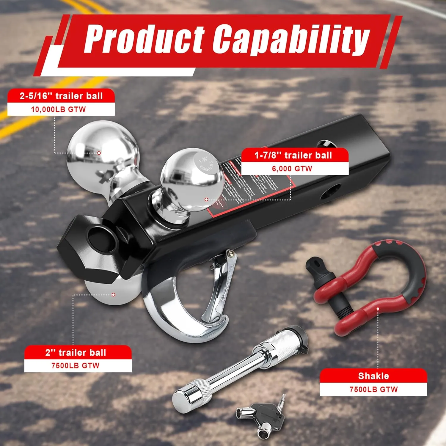 TYT Tri Ball Hitch Trailer Mount With Locks, Tow Hook & Clevis Shackle, Fits 2 Inch Receiver With 2-5/16", 2", 1-7/8" Ball, Black