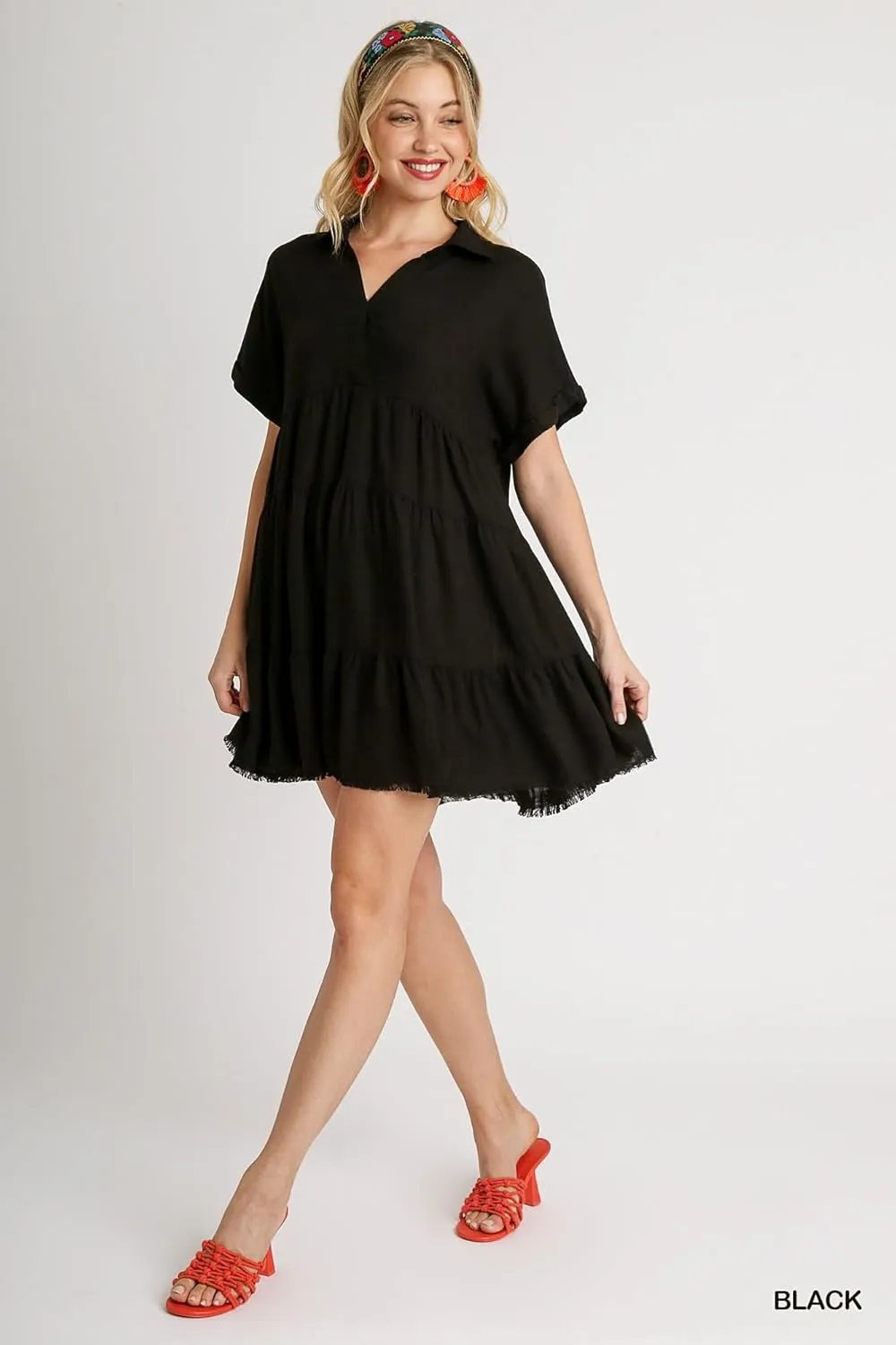 Umgee Linen Folded Sleeve Tiered Dress