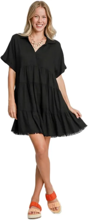 Umgee Linen Folded Sleeve Tiered Dress
