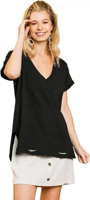 Umgee Women's Short Folded Sleeve Distressed Top