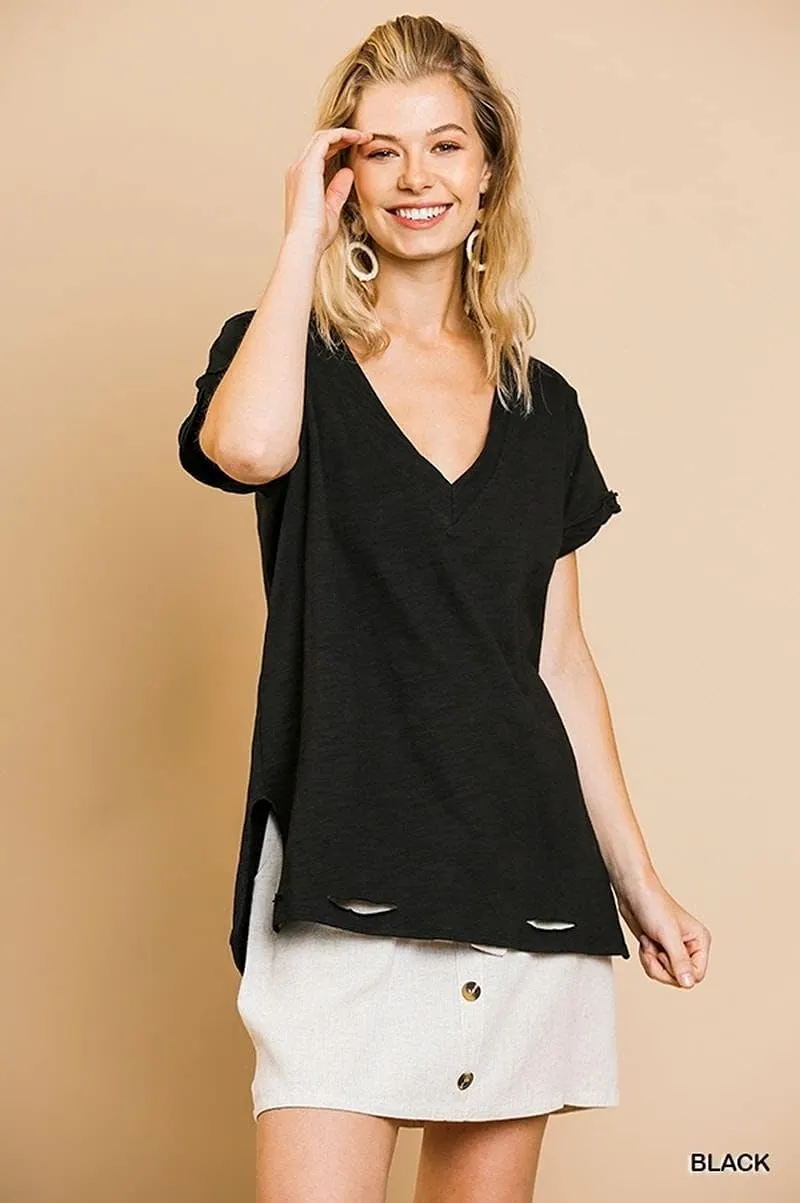 Umgee Women's Short Folded Sleeve Distressed Top
