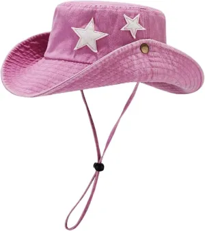 Unisex Cotton Boonie Hat Summer Outdoor Packable Stars Fishing Bucket Hat Beach Sun Hat with String for Women Men