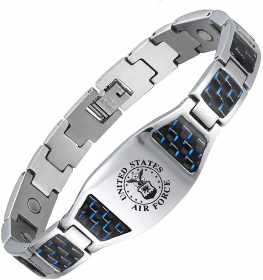 US Military Bracelet for Men Stainless Steel Armed Forces Military Gifts U.S. Army Navy Marine Corps Air-force Policeman Link Bracelets with Carbon Fiber Jewelry for Dad,Boyfriend,Husband