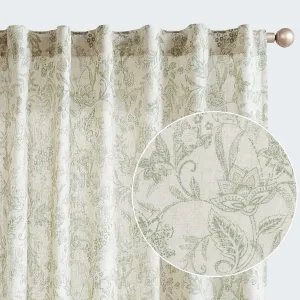 Vangao Green Floral Linen Blend Curtains for Living Room 84 Inches Long Farmhouse Curtains for Bedroom Vintage Print on Beige Light Filtering Window Drapes Back Tab Rod Pocket 2 Panels