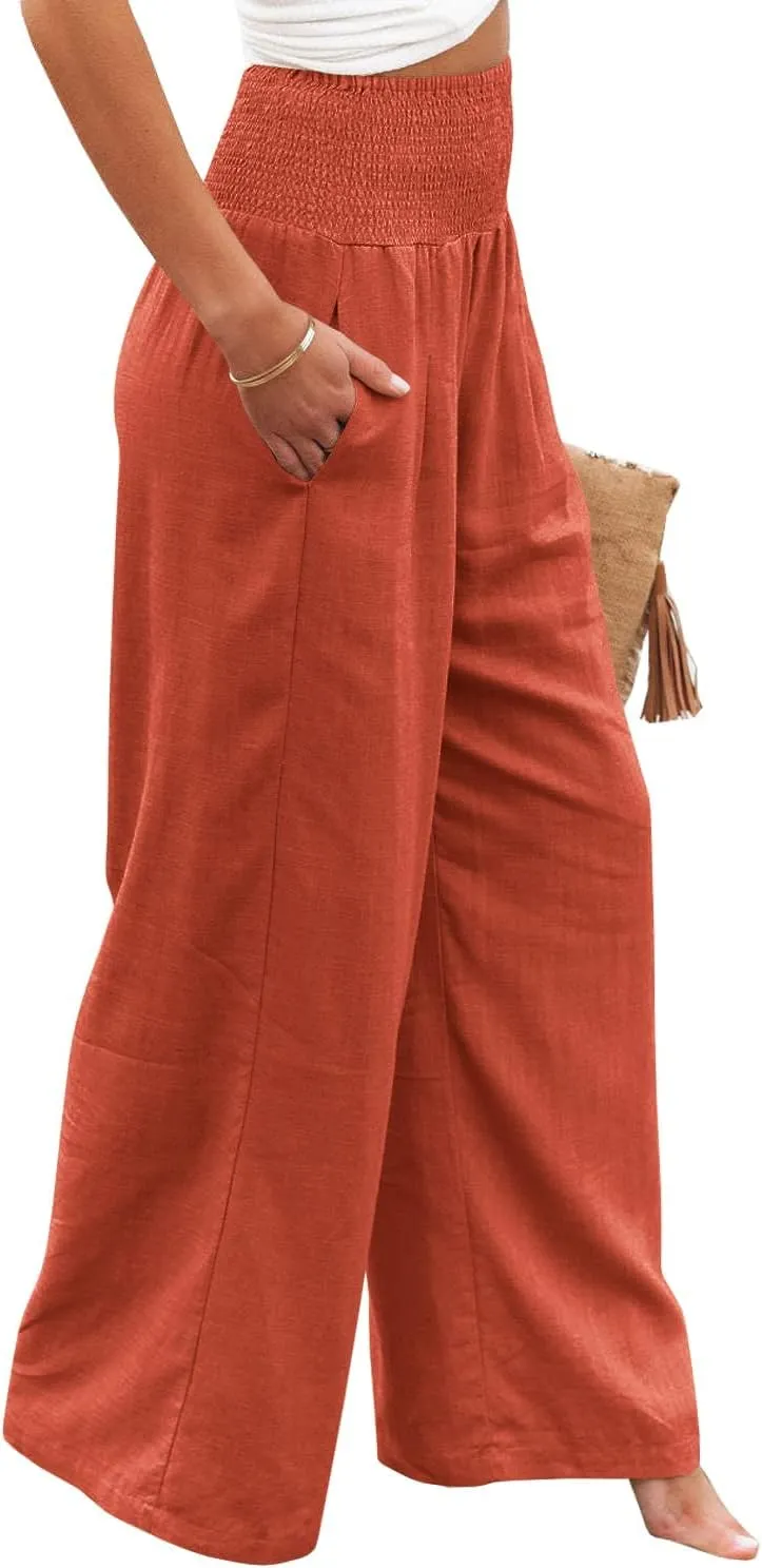 Vansha Women Summer High Waisted Cotton Linen Palazzo Pants Wide Leg Long Lounge Pant Trousers with Pocket