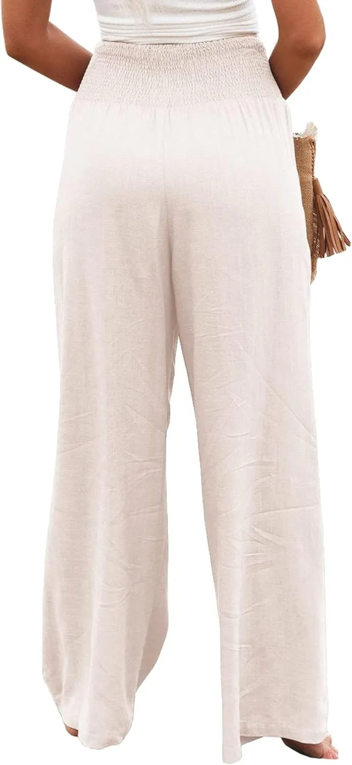Vansha Women Summer High Waisted Cotton Linen Palazzo Pants Wide Leg Long Lounge Pant Trousers with Pocket