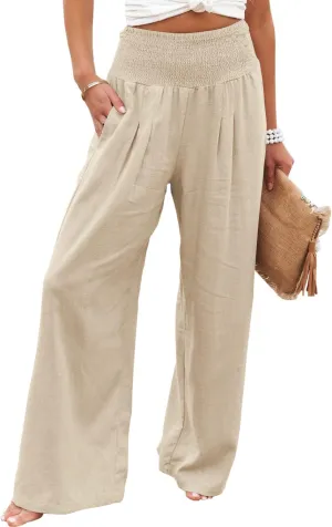 Vansha Women Summer High Waisted Cotton Linen Palazzo Pants Wide Leg Long Lounge Pant Trousers with Pocket