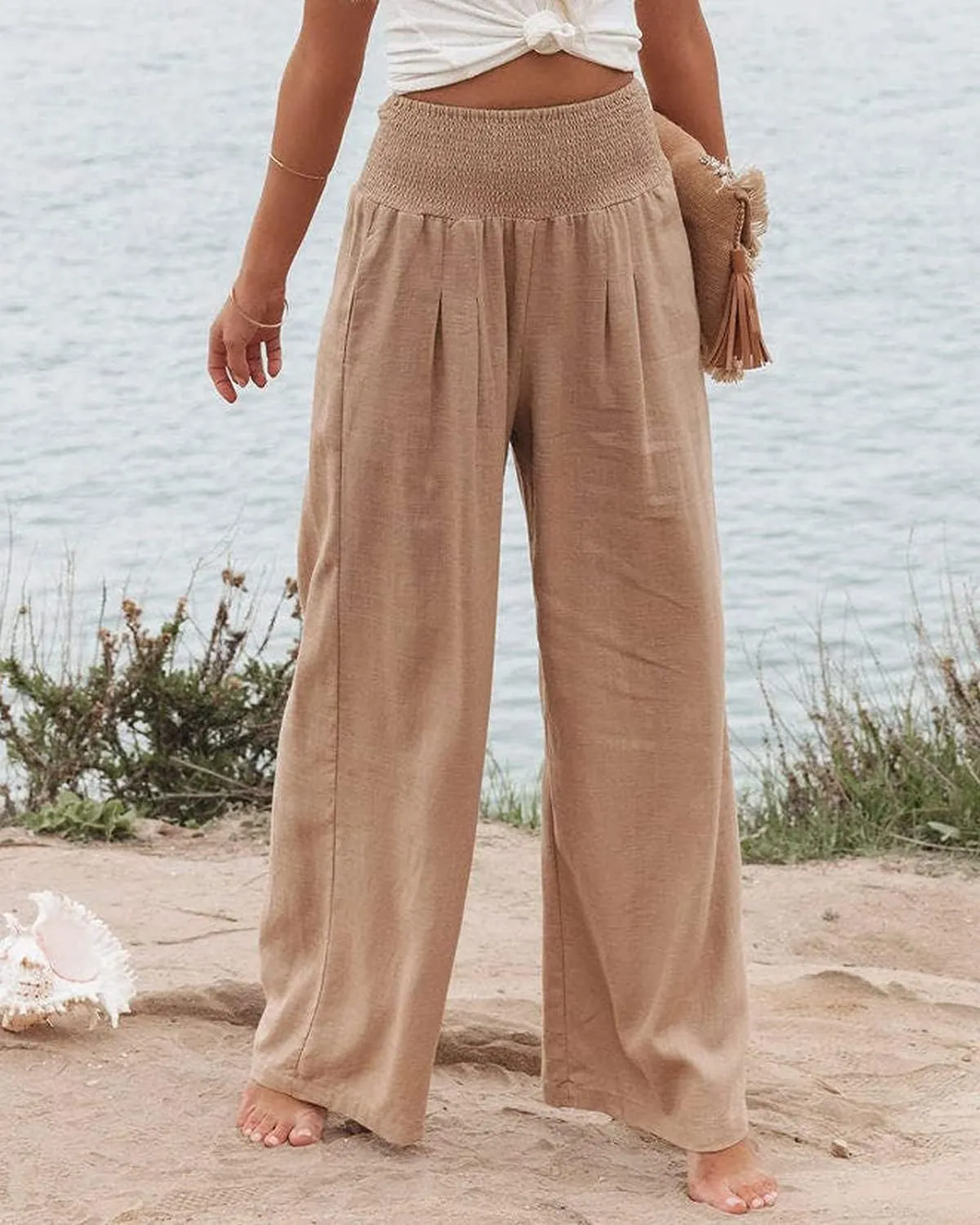 Vansha Women Summer High Waisted Cotton Linen Palazzo Pants Wide Leg Long Lounge Pant Trousers with Pocket