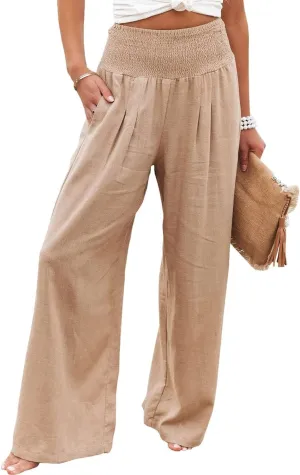 Vansha Women Summer High Waisted Cotton Linen Palazzo Pants Wide Leg Long Lounge Pant Trousers with Pocket