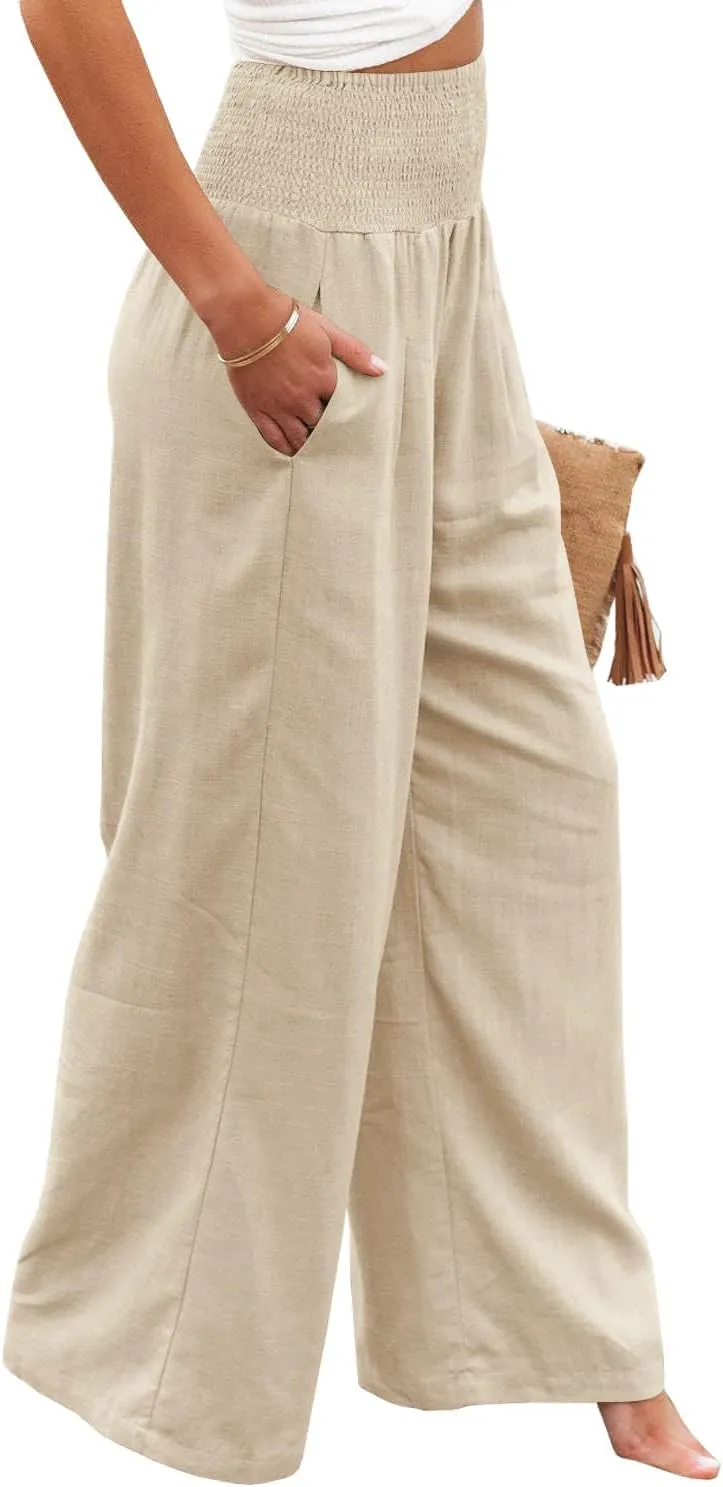 Vansha Women Summer High Waisted Cotton Linen Palazzo Pants Wide Leg Long Lounge Pant Trousers with Pocket
