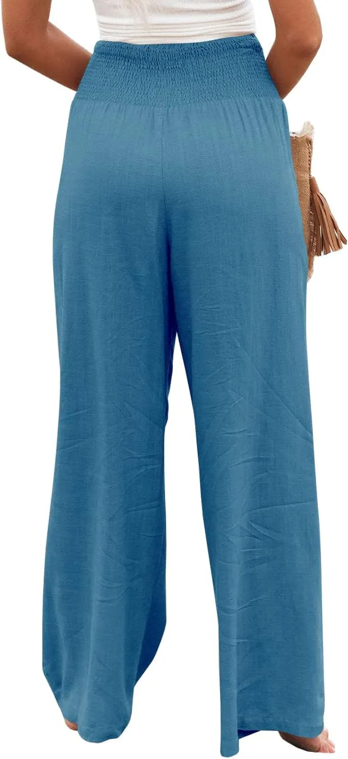 Vansha Women Summer High Waisted Cotton Linen Palazzo Pants Wide Leg Long Lounge Pant Trousers with Pocket