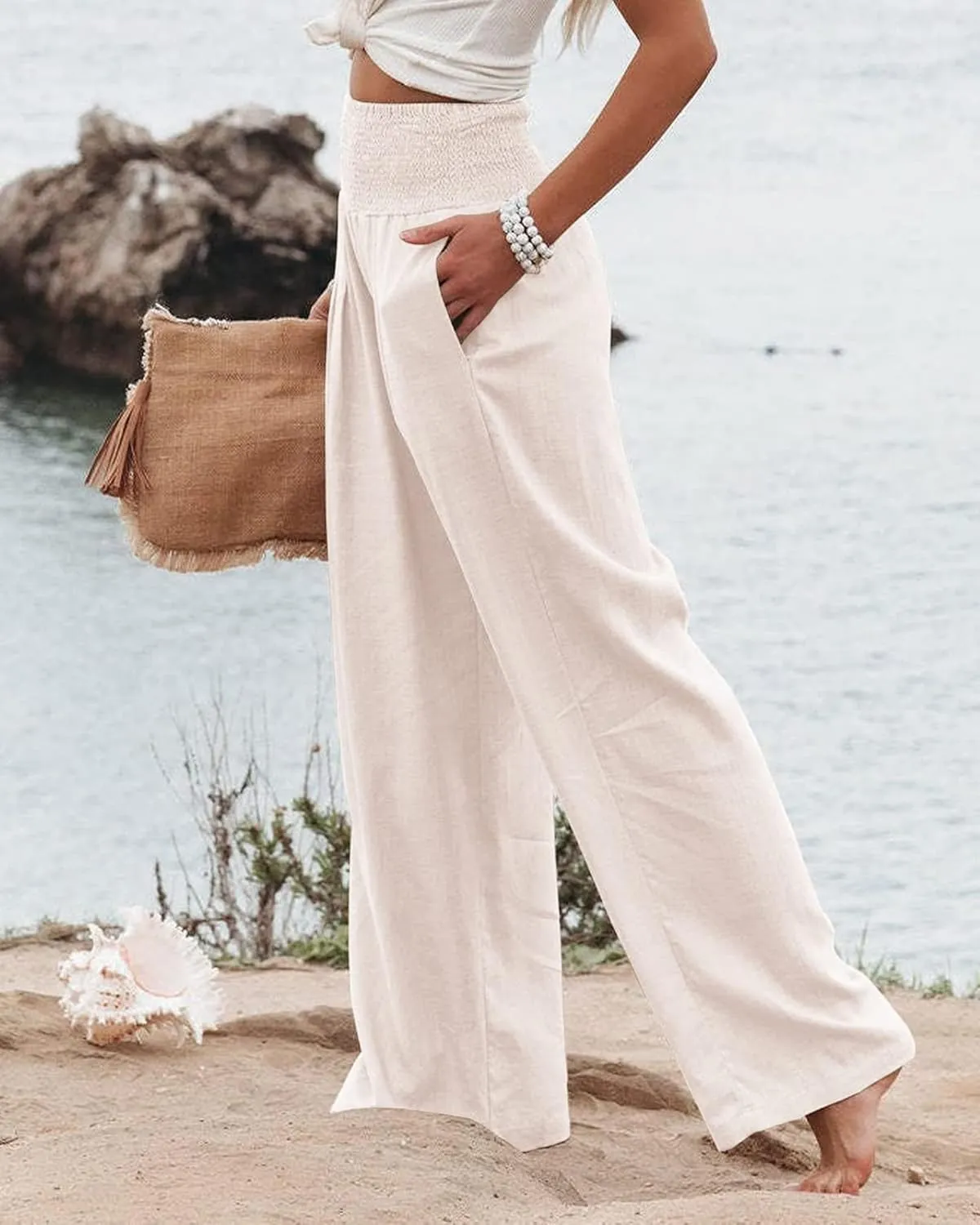 Vansha Women Summer High Waisted Cotton Linen Palazzo Pants Wide Leg Long Lounge Pant Trousers with Pocket