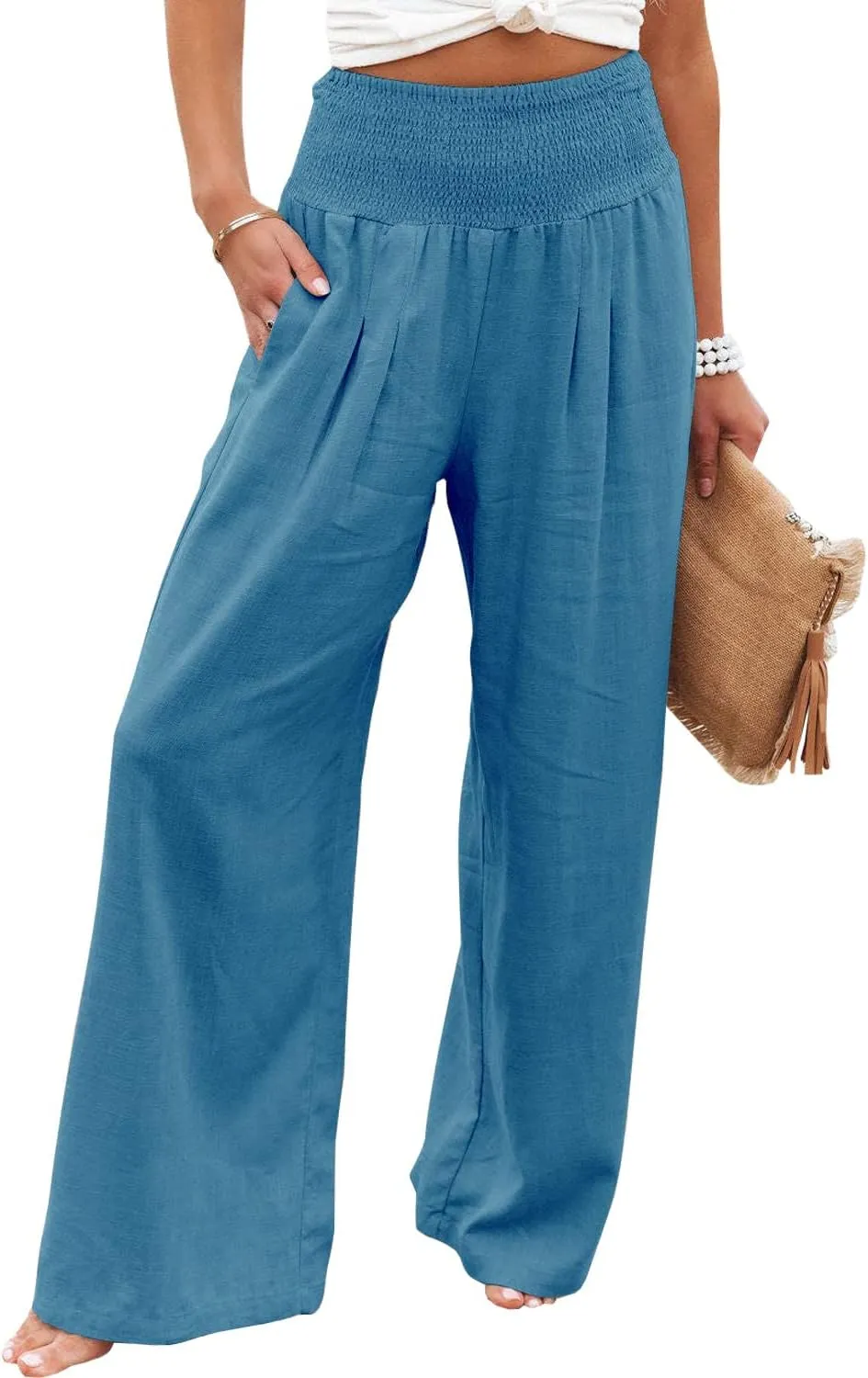 Vansha Women Summer High Waisted Cotton Linen Palazzo Pants Wide Leg Long Lounge Pant Trousers with Pocket