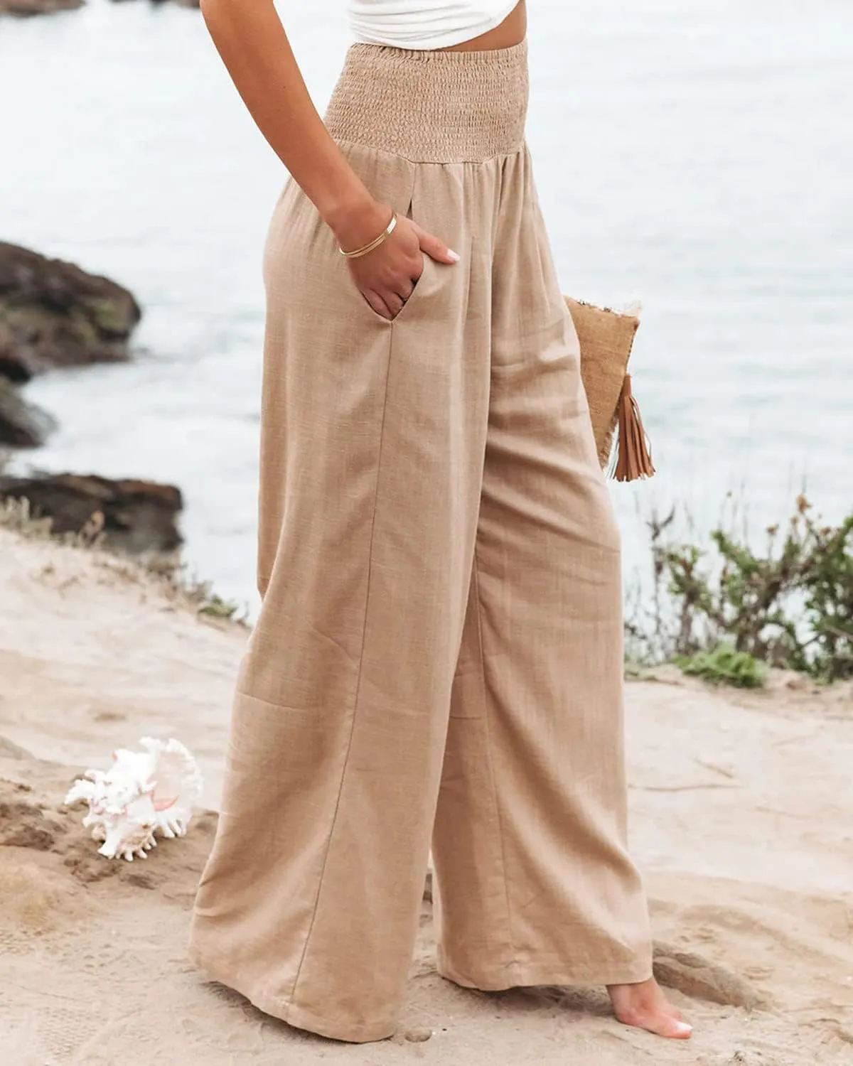 Vansha Women Summer High Waisted Cotton Linen Palazzo Pants Wide Leg Long Lounge Pant Trousers with Pocket