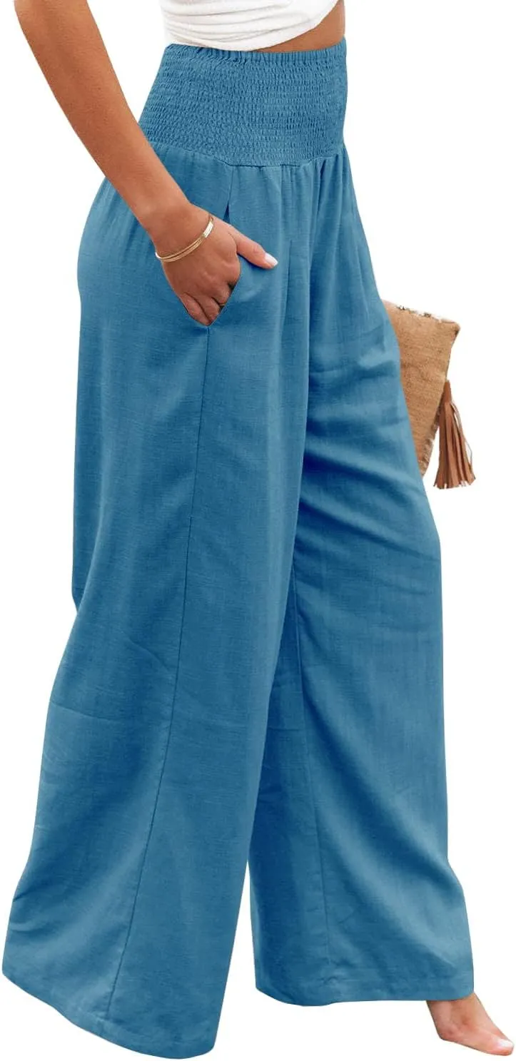 Vansha Women Summer High Waisted Cotton Linen Palazzo Pants Wide Leg Long Lounge Pant Trousers with Pocket