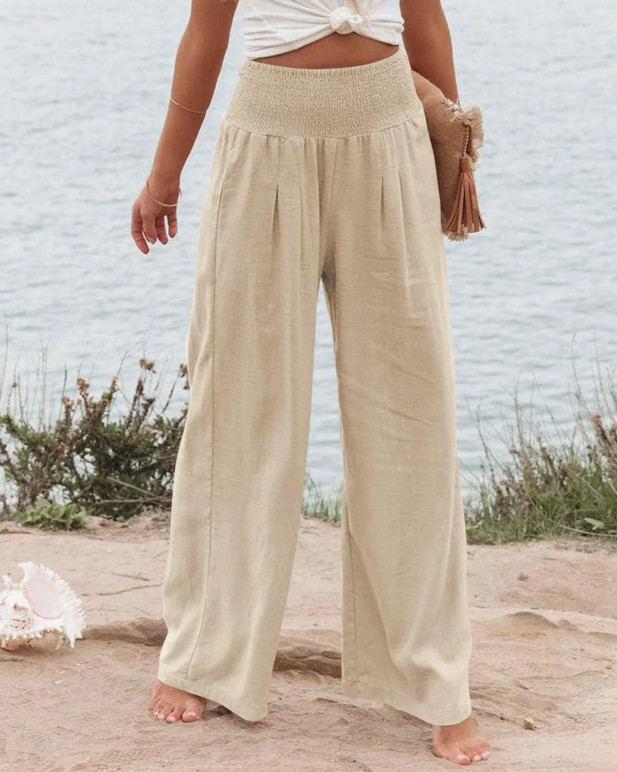 Vansha Women Summer High Waisted Cotton Linen Palazzo Pants Wide Leg Long Lounge Pant Trousers with Pocket