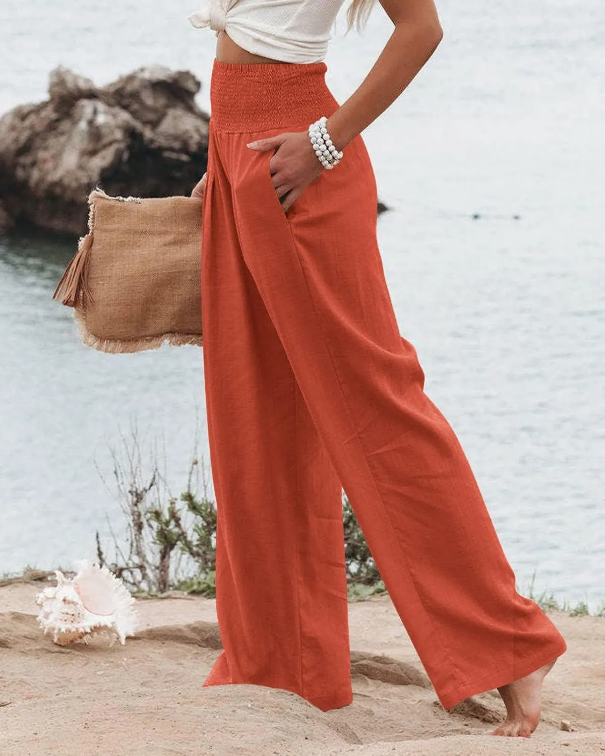 Vansha Women Summer High Waisted Cotton Linen Palazzo Pants Wide Leg Long Lounge Pant Trousers with Pocket