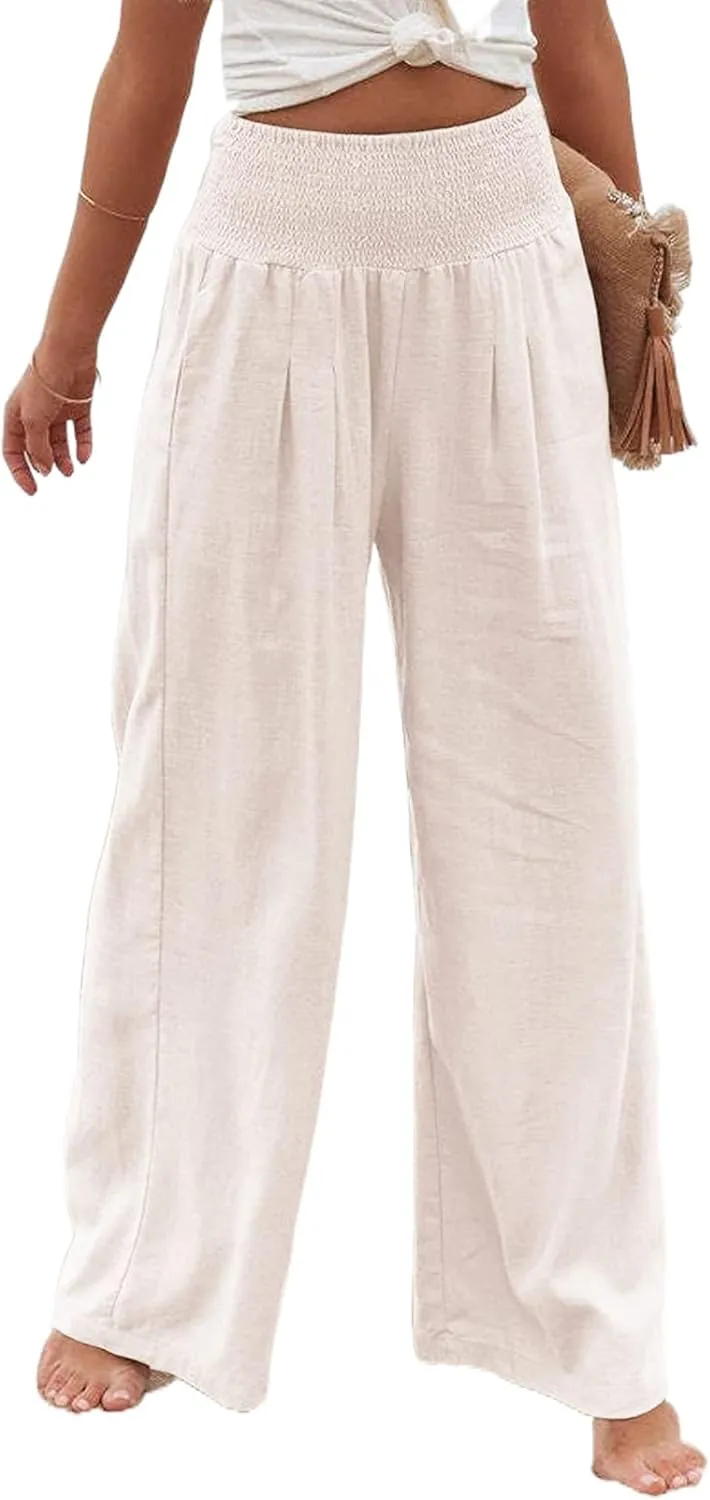 Vansha Women Summer High Waisted Cotton Linen Palazzo Pants Wide Leg Long Lounge Pant Trousers with Pocket