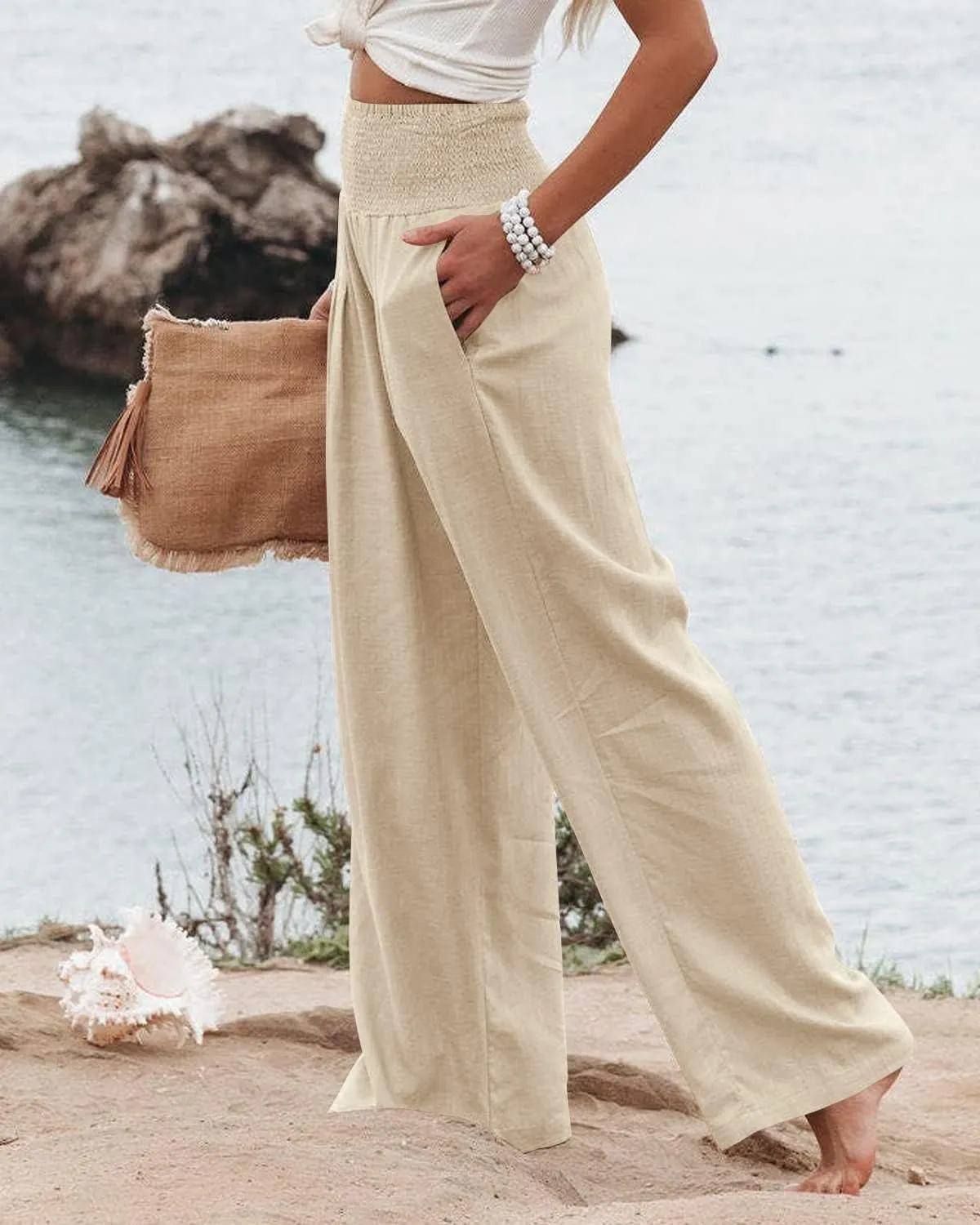 Vansha Women Summer High Waisted Cotton Linen Palazzo Pants Wide Leg Long Lounge Pant Trousers with Pocket