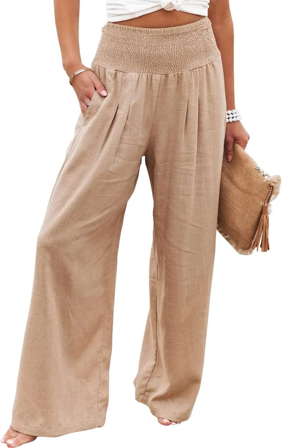 Vansha Women Summer High Waisted Cotton Linen Palazzo Pants Wide Leg Long Lounge Pant Trousers with Pocket