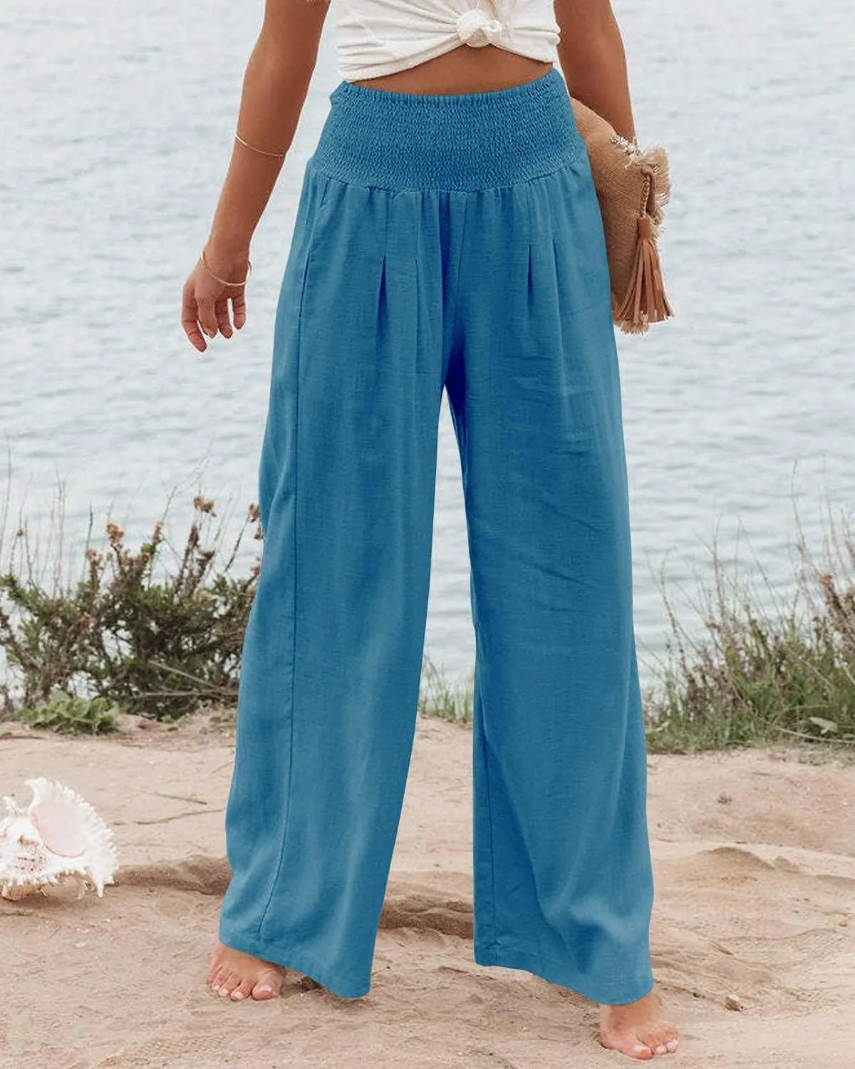Vansha Women Summer High Waisted Cotton Linen Palazzo Pants Wide Leg Long Lounge Pant Trousers with Pocket