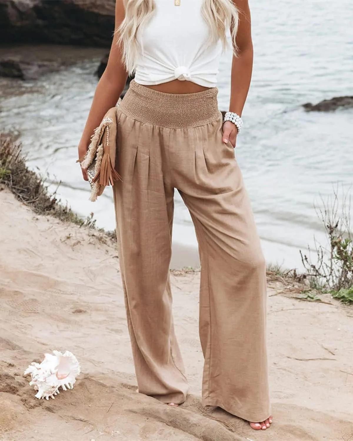 Vansha Women Summer High Waisted Cotton Linen Palazzo Pants Wide Leg Long Lounge Pant Trousers with Pocket
