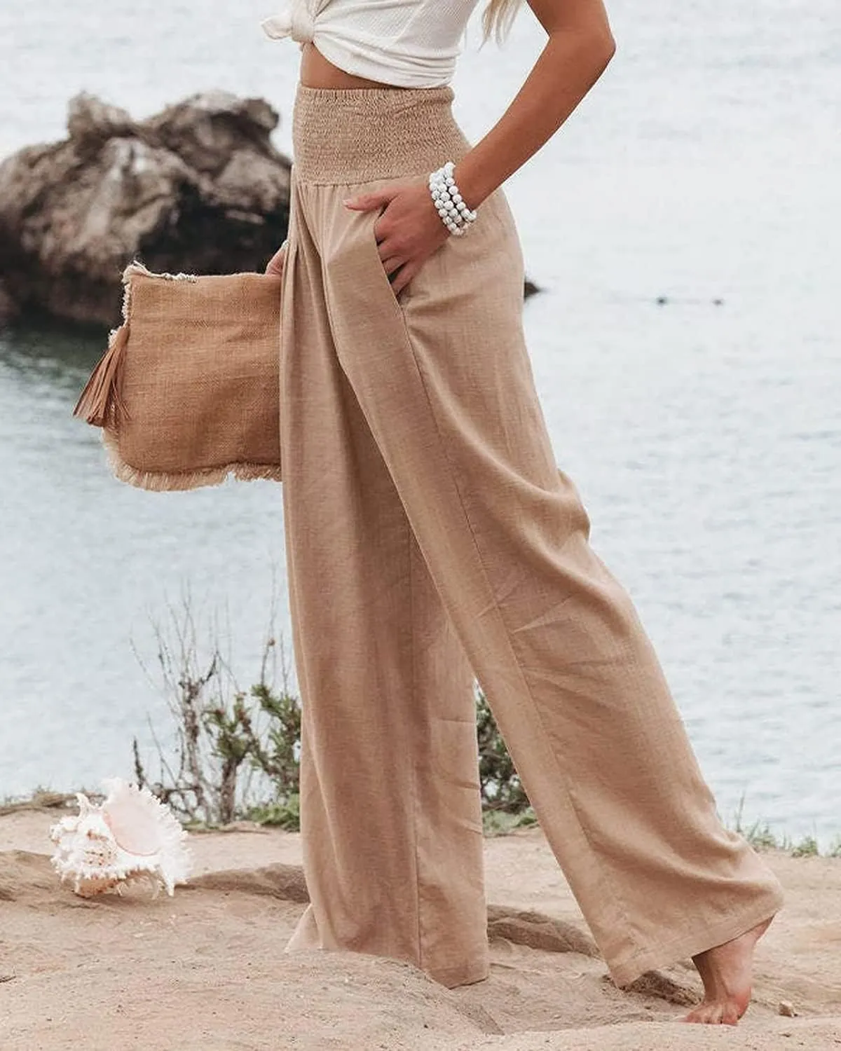Vansha Women Summer High Waisted Cotton Linen Palazzo Pants Wide Leg Long Lounge Pant Trousers with Pocket