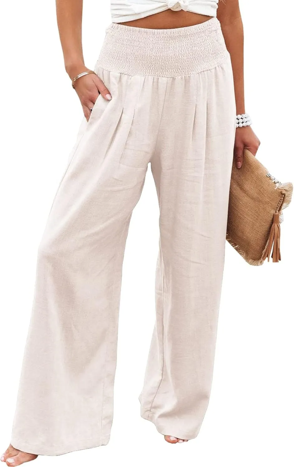 Vansha Women Summer High Waisted Cotton Linen Palazzo Pants Wide Leg Long Lounge Pant Trousers with Pocket