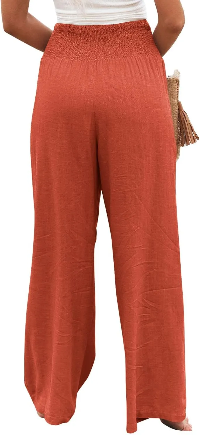 Vansha Women Summer High Waisted Cotton Linen Palazzo Pants Wide Leg Long Lounge Pant Trousers with Pocket