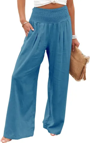 Vansha Women Summer High Waisted Cotton Linen Palazzo Pants Wide Leg Long Lounge Pant Trousers with Pocket