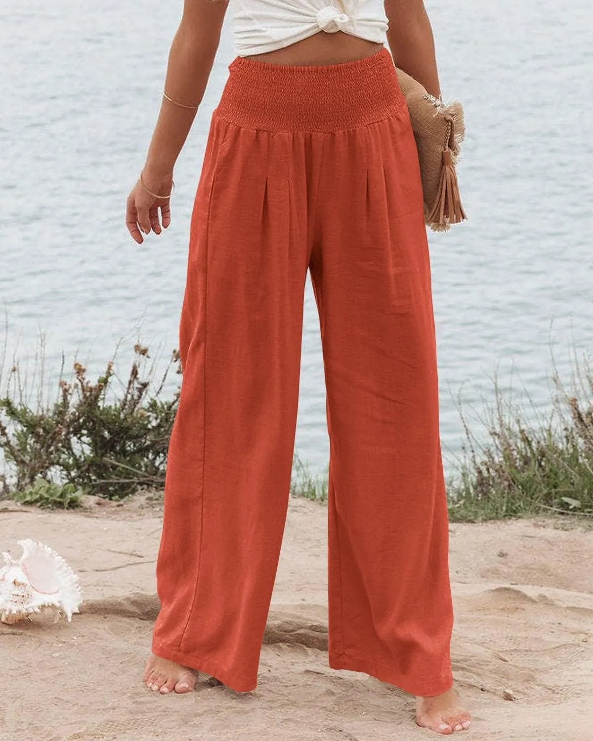 Vansha Women Summer High Waisted Cotton Linen Palazzo Pants Wide Leg Long Lounge Pant Trousers with Pocket