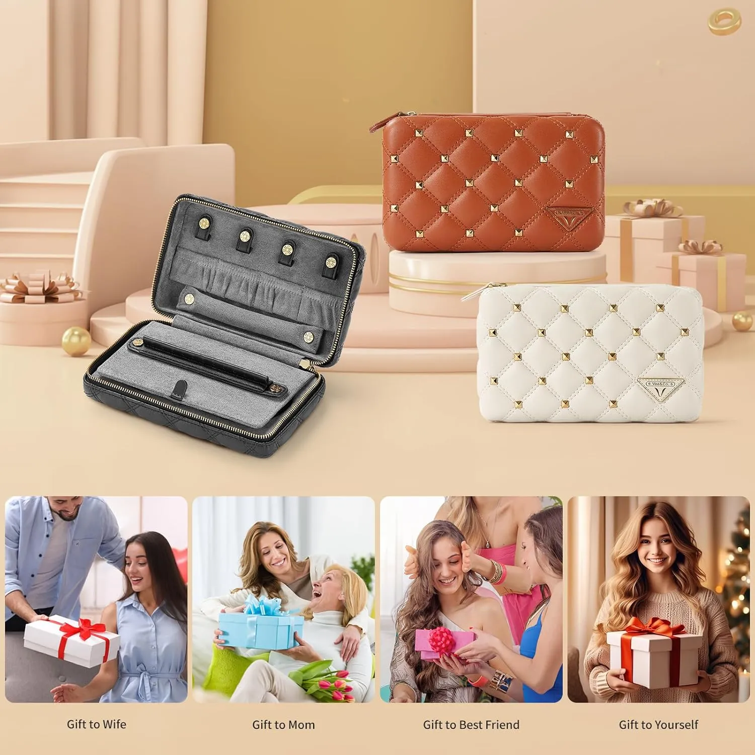 Vee Travel Jewelry Box Organizer,Diamond Quilted Leather Travel Jewelry Case,Jewelry Organiser for Bracelets/Rings/Necklaces,Gift for Women and Girls (Beige)