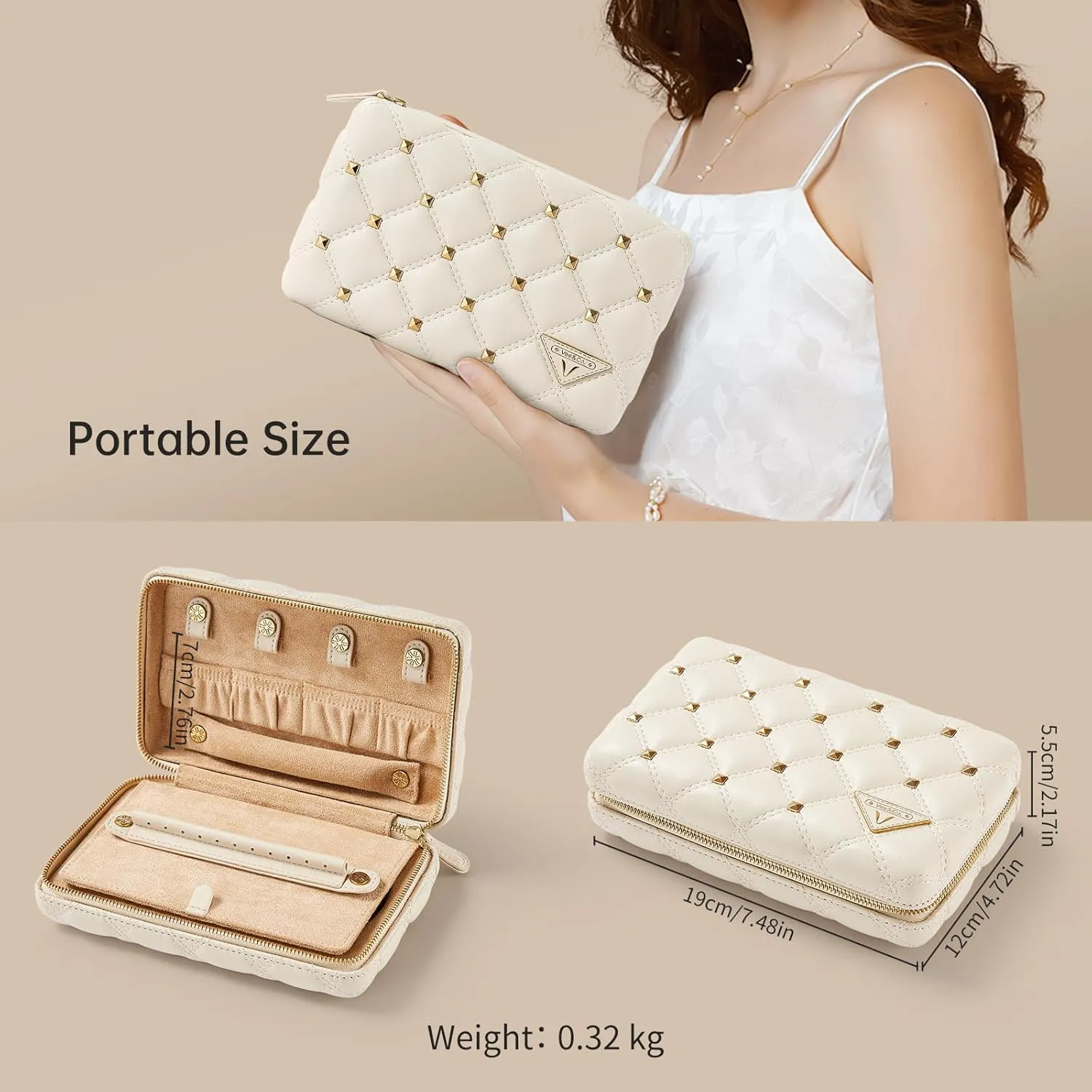 Vee Travel Jewelry Box Organizer,Diamond Quilted Leather Travel Jewelry Case,Jewelry Organiser for Bracelets/Rings/Necklaces,Gift for Women and Girls (Beige)