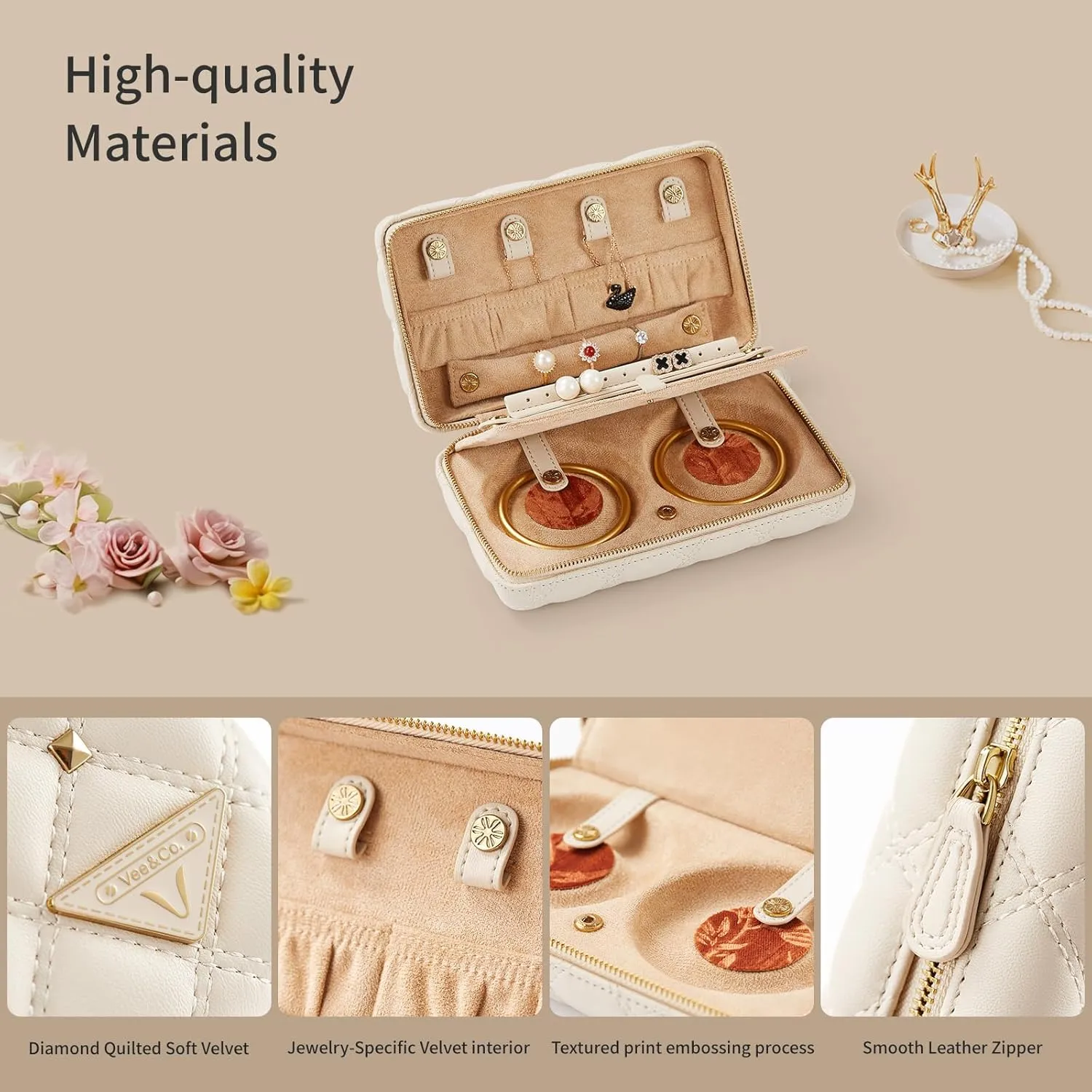 Vee Travel Jewelry Box Organizer,Diamond Quilted Leather Travel Jewelry Case,Jewelry Organiser for Bracelets/Rings/Necklaces,Gift for Women and Girls (Beige)