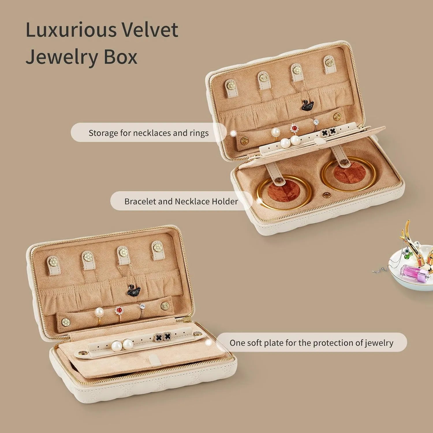 Vee Travel Jewelry Box Organizer,Diamond Quilted Leather Travel Jewelry Case,Jewelry Organiser for Bracelets/Rings/Necklaces,Gift for Women and Girls (Beige)