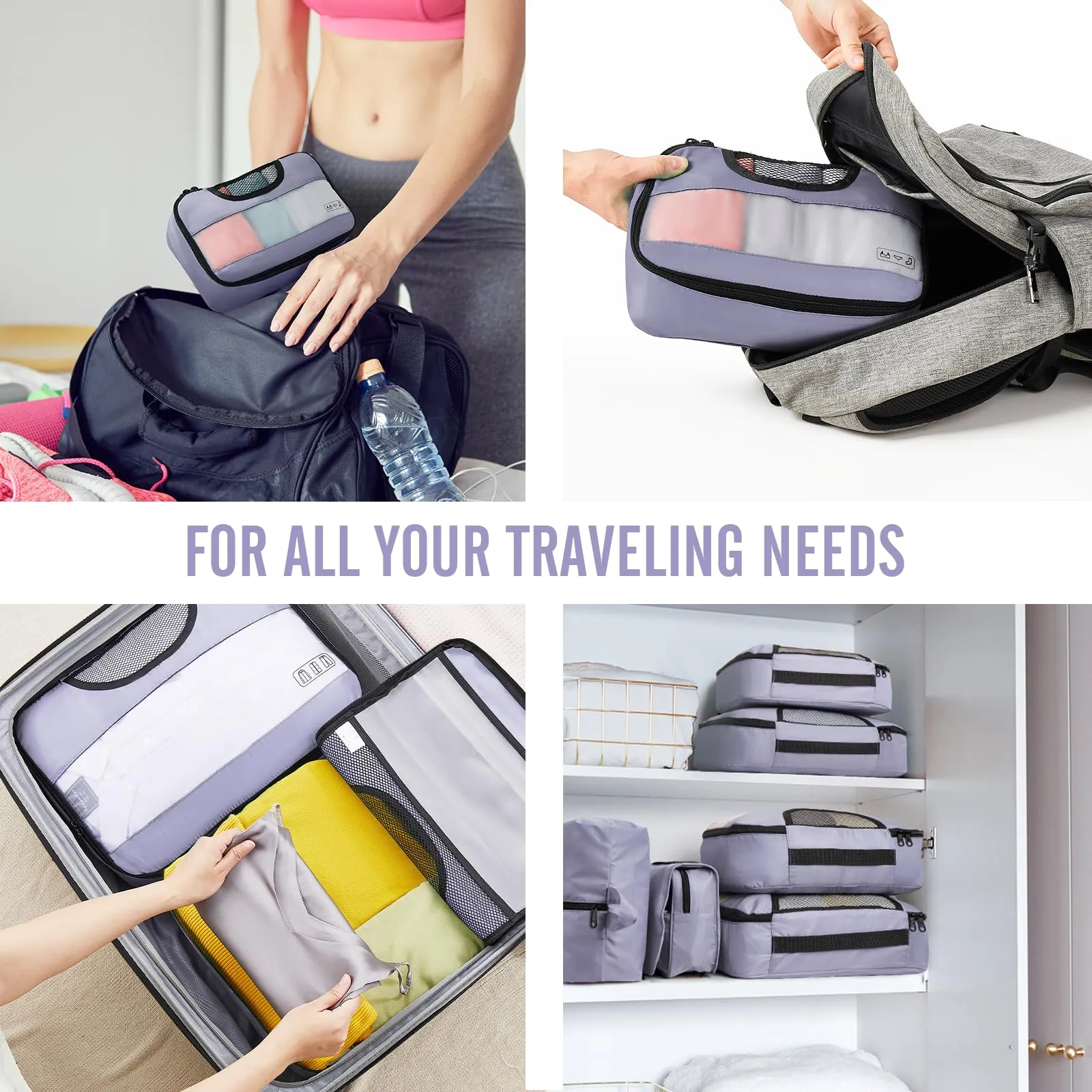 Veken 8-Piece Packing Cubes Set – Black Luggage Organizers in 4 Sizes for Travel & Road Trips