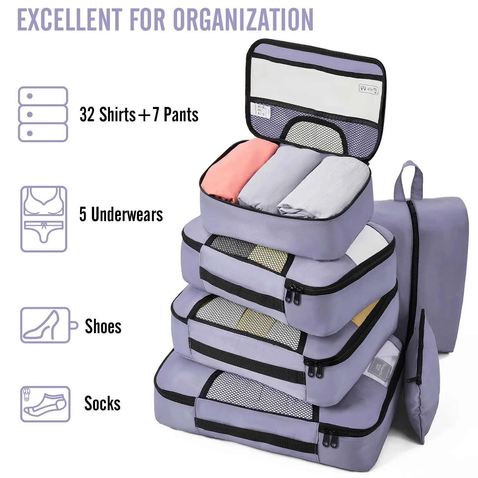 Veken 8-Piece Packing Cubes Set – Black Luggage Organizers in 4 Sizes for Travel & Road Trips