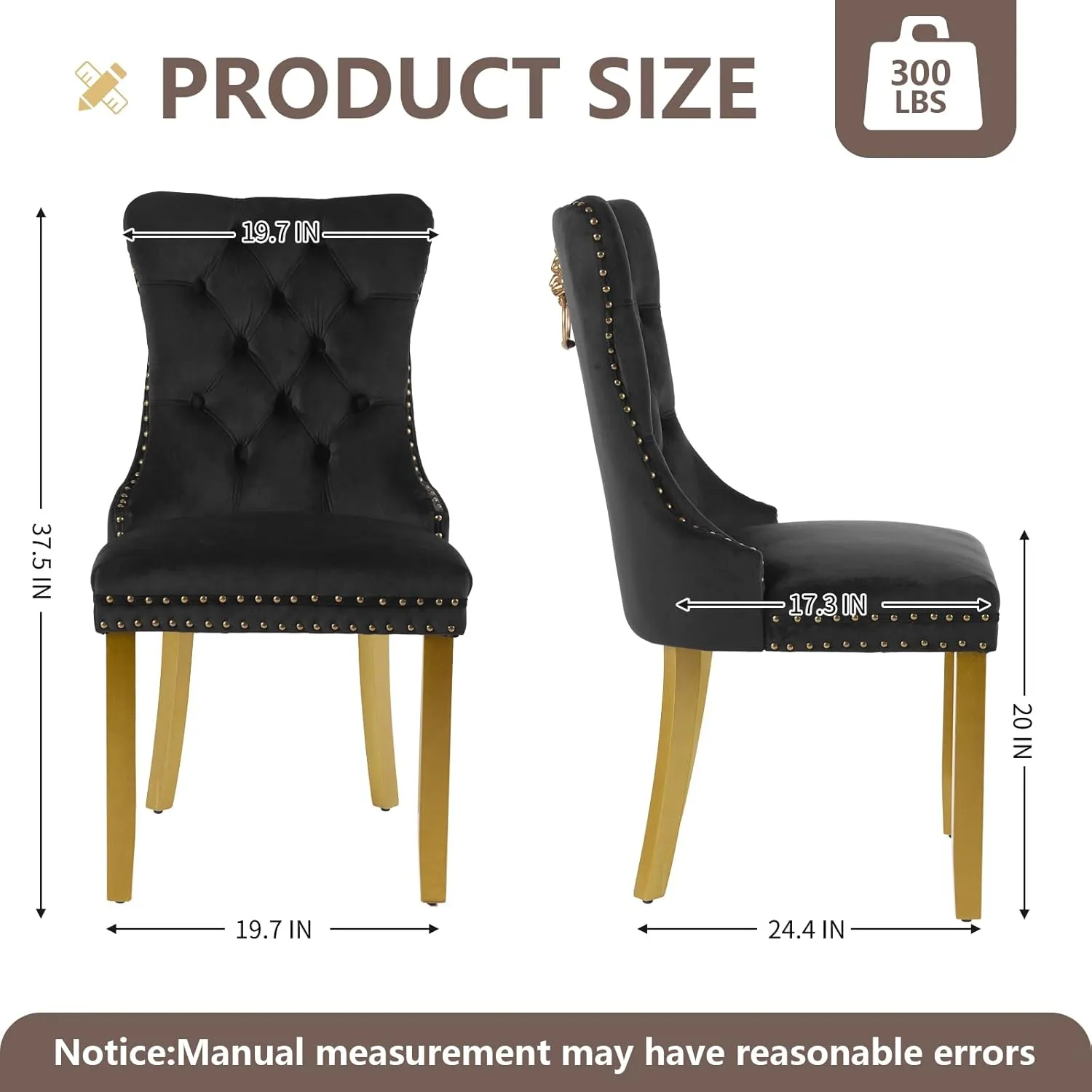 Velvet Dining Chairs Set of 4, Modern Tufted Dining Room Chair, Upholstered Dining Chairs with Lion Head Pulls Ring and Golden Solid Wood Legs, Luxury Kitchen Chairs for Dining Room, Black