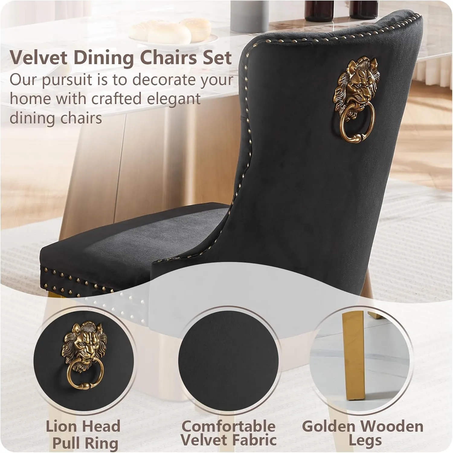 Velvet Dining Chairs Set of 4, Modern Tufted Dining Room Chair, Upholstered Dining Chairs with Lion Head Pulls Ring and Golden Solid Wood Legs, Luxury Kitchen Chairs for Dining Room, Black