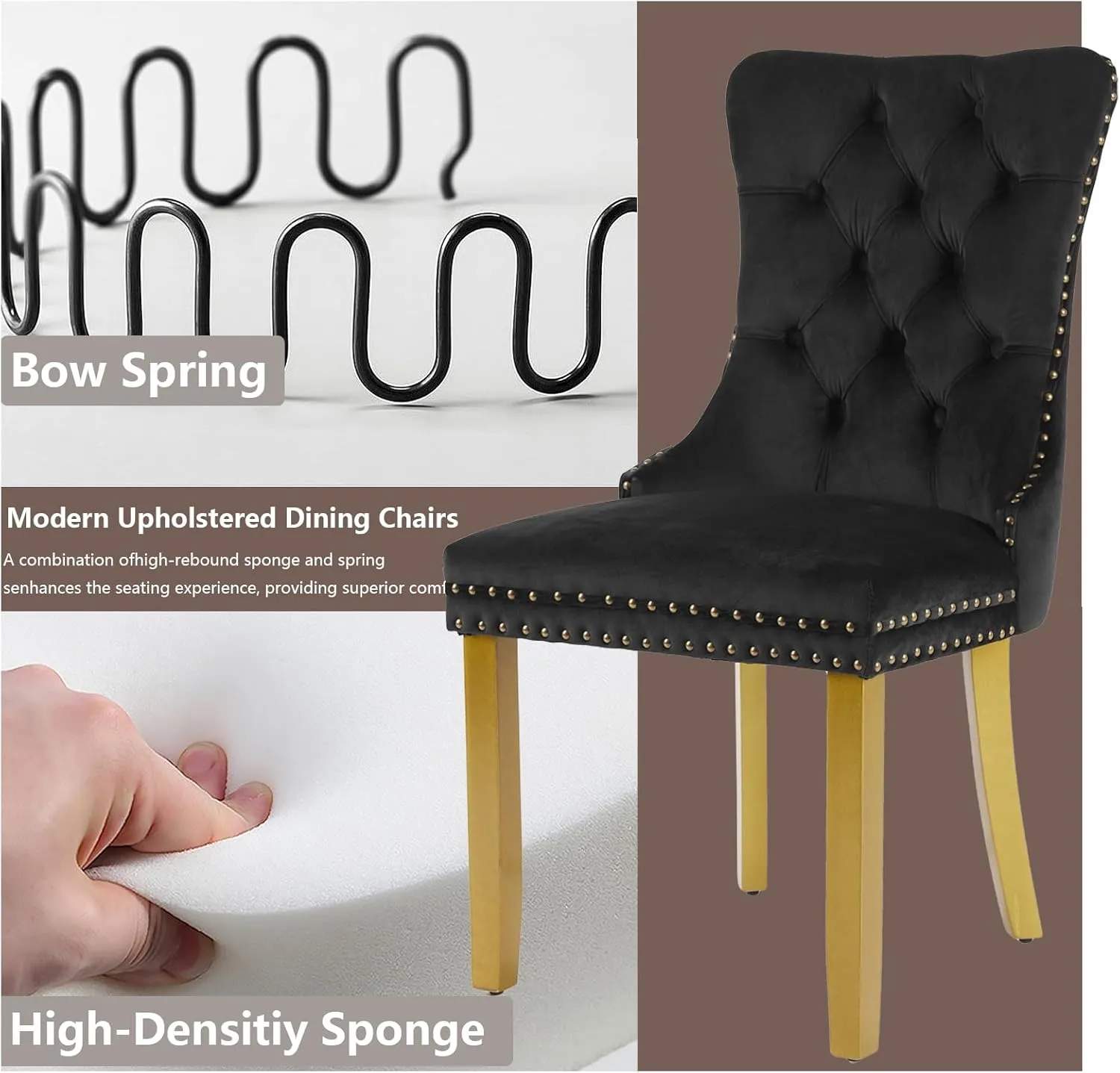 Velvet Dining Chairs Set of 4, Modern Tufted Dining Room Chair, Upholstered Dining Chairs with Lion Head Pulls Ring and Golden Solid Wood Legs, Luxury Kitchen Chairs for Dining Room, Black