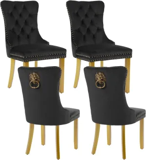Velvet Dining Chairs Set of 4, Modern Tufted Dining Room Chair, Upholstered Dining Chairs with Lion Head Pulls Ring and Golden Solid Wood Legs, Luxury Kitchen Chairs for Dining Room, Black