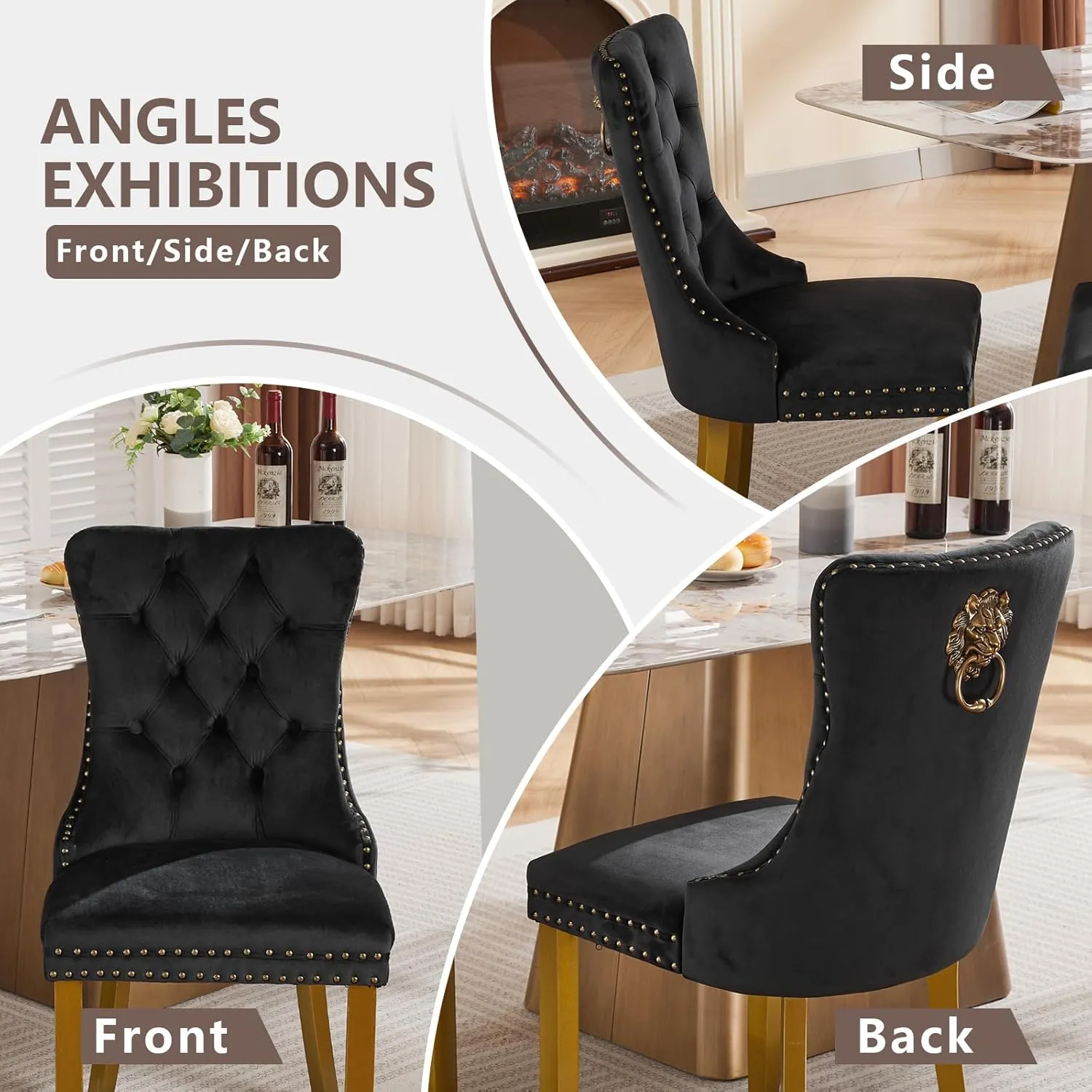Velvet Dining Chairs Set of 4, Modern Tufted Dining Room Chair, Upholstered Dining Chairs with Lion Head Pulls Ring and Golden Solid Wood Legs, Luxury Kitchen Chairs for Dining Room, Black