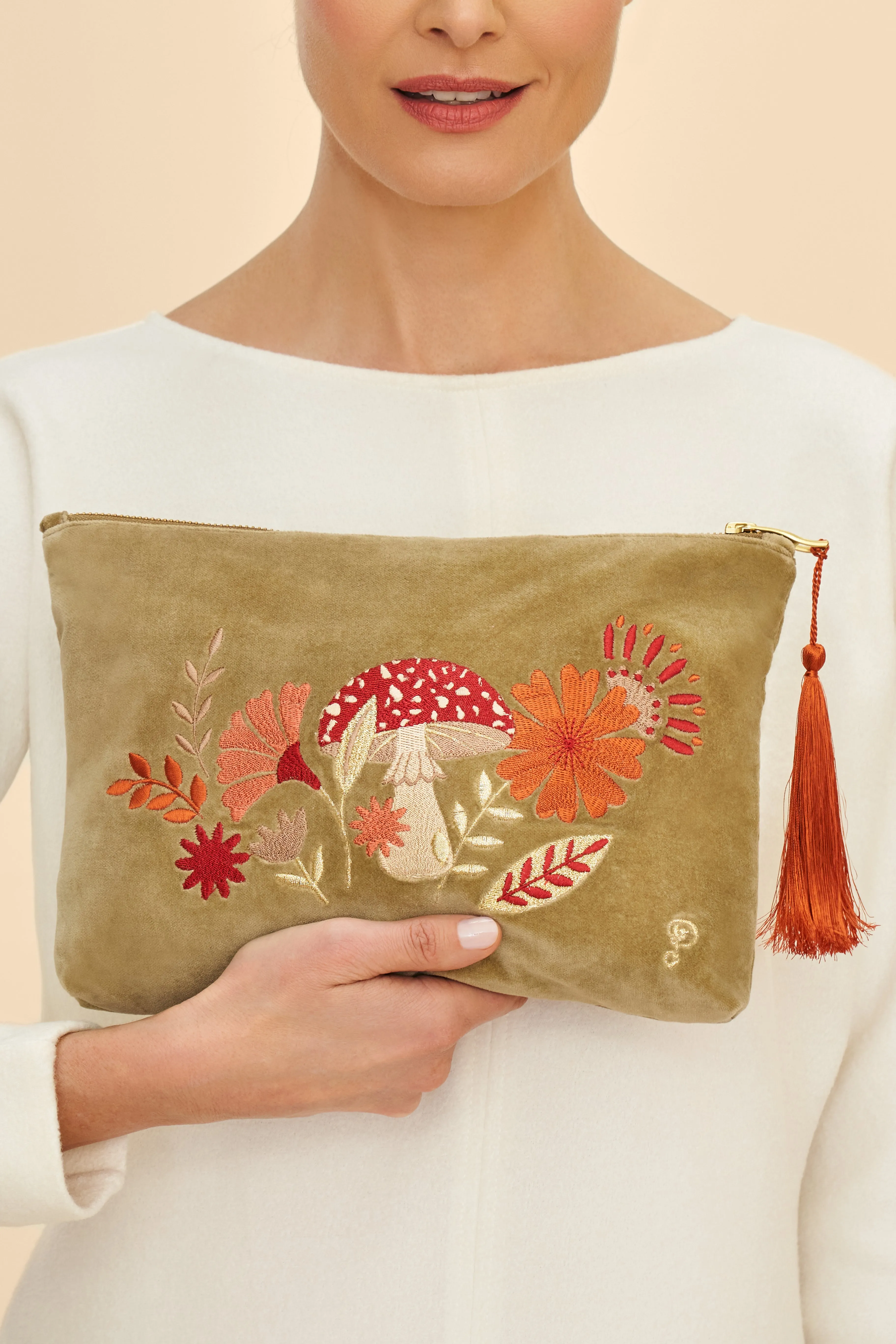 Velvet Embroidered Zip Pouch