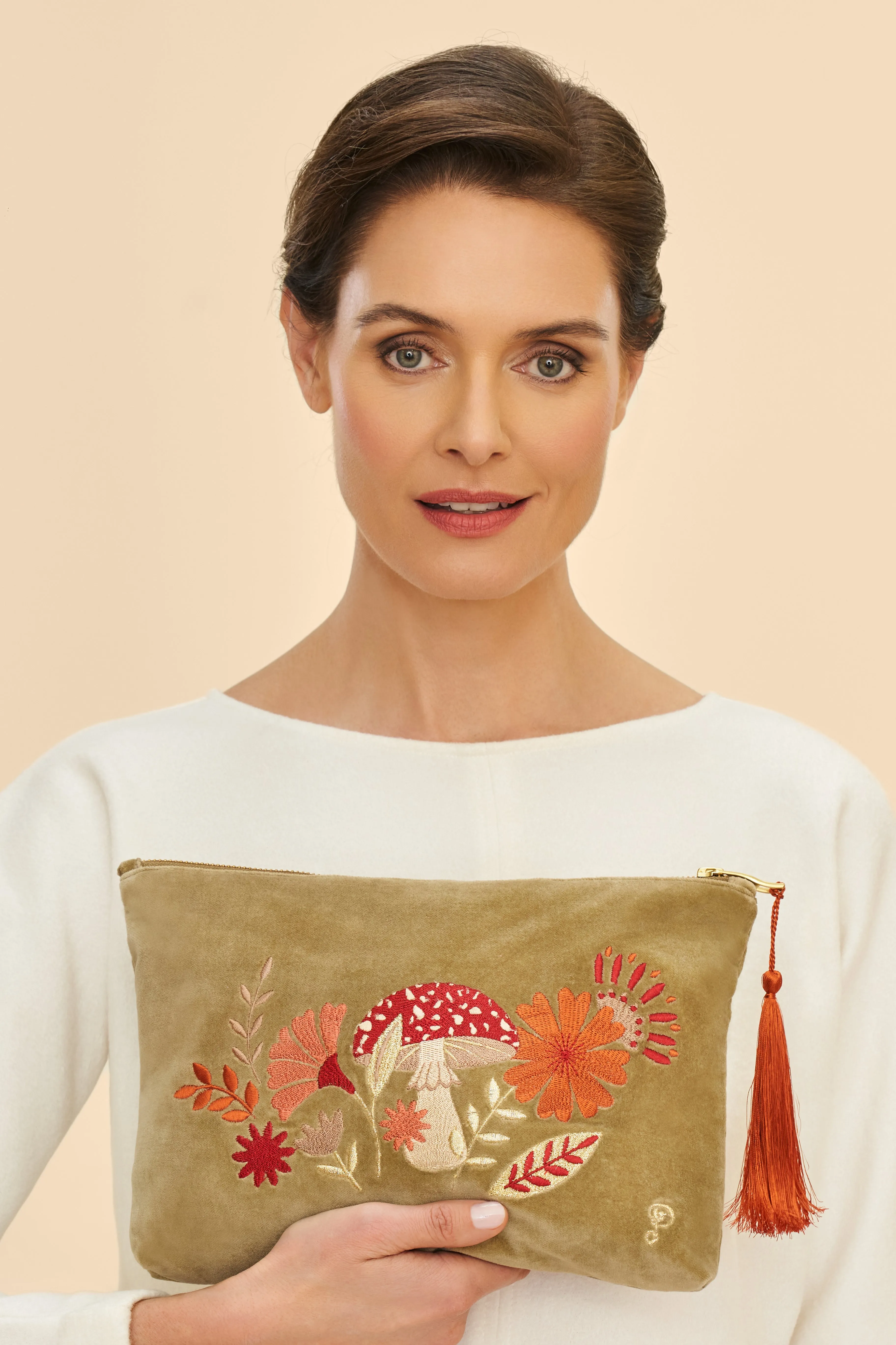 Velvet Embroidered Zip Pouch